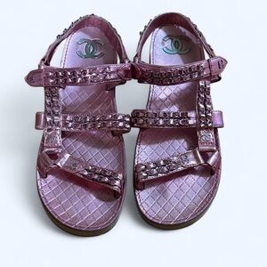 Chanel pink metallic leather CC logo sandals